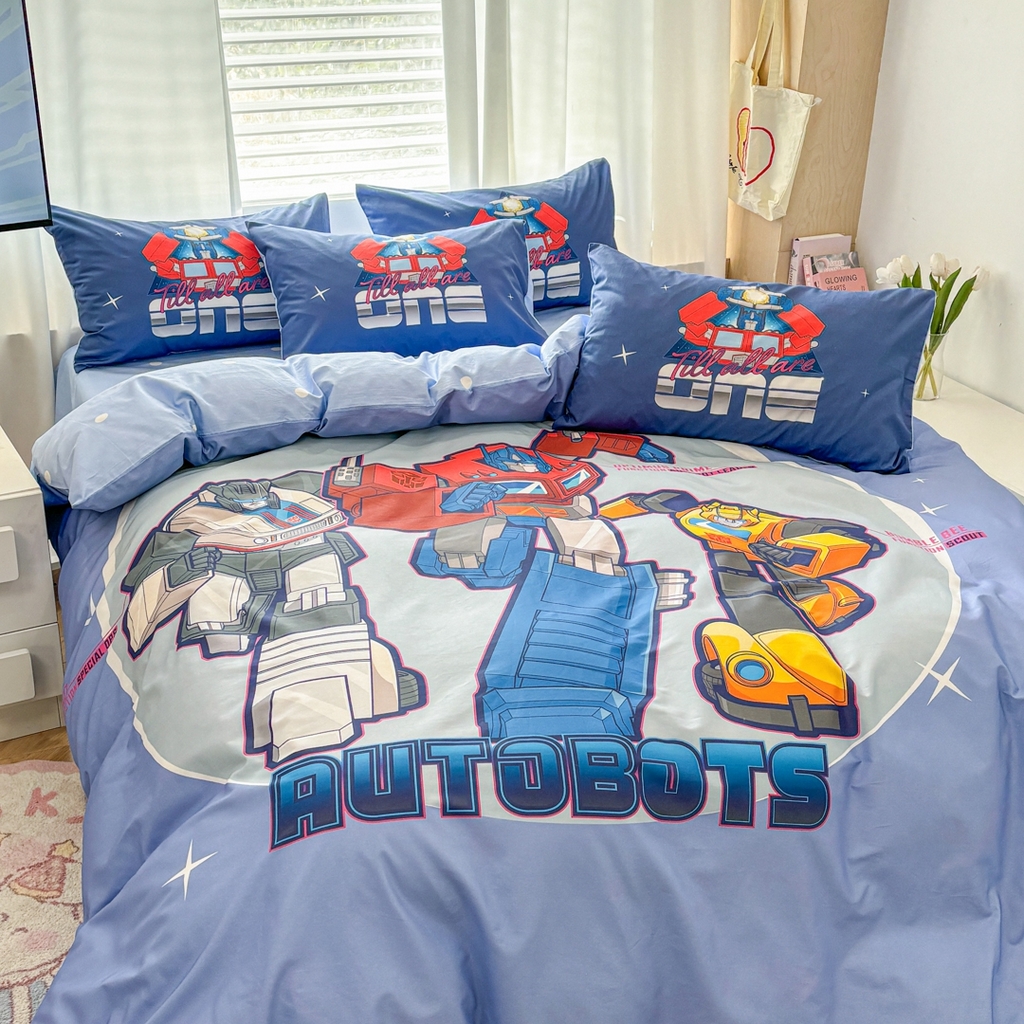 91家纺网 家纺一手货源 找家纺 孩子王家纺 2026新款卡通全棉纯棉正版授权大版变形金刚四件套 三剑客战士