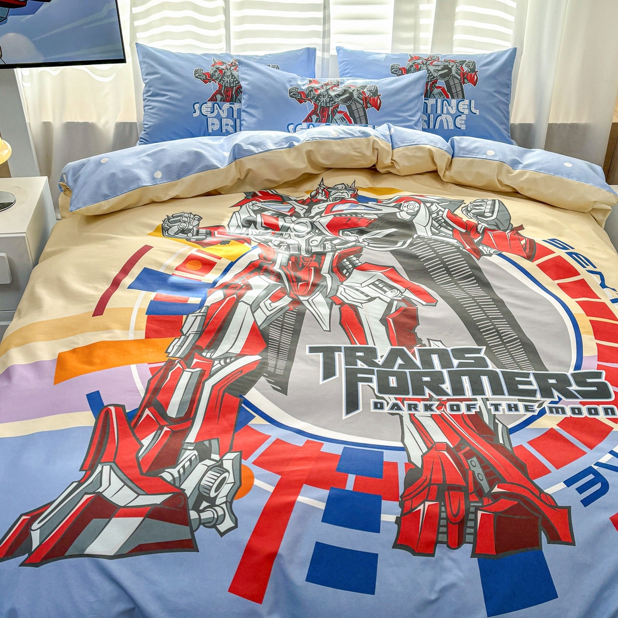 91家纺网 家纺一手货源 找家纺 孩子王家纺 2026新款卡通全棉纯棉正版授权大版变形金刚四件套 热血金刚