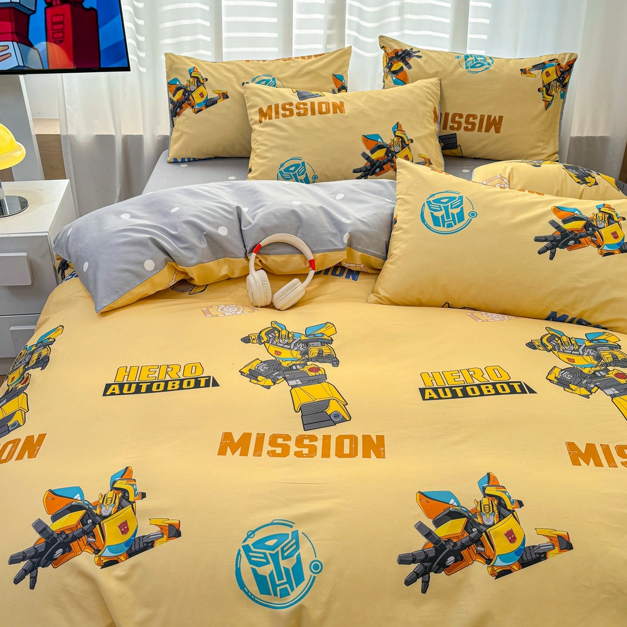 91家纺网 家纺一手货源 找家纺 孩子王家纺 2026新款卡通全棉纯棉正版授权大版变形金刚四件套 黄蜂伙伴