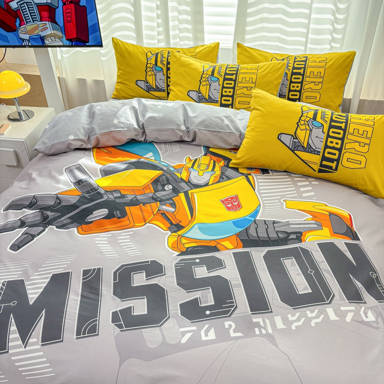 91家纺网 家纺一手货源 找家纺 孩子王家纺 2026新款卡通全棉纯棉正版授权大版变形金刚四件套 超能大黄蜂