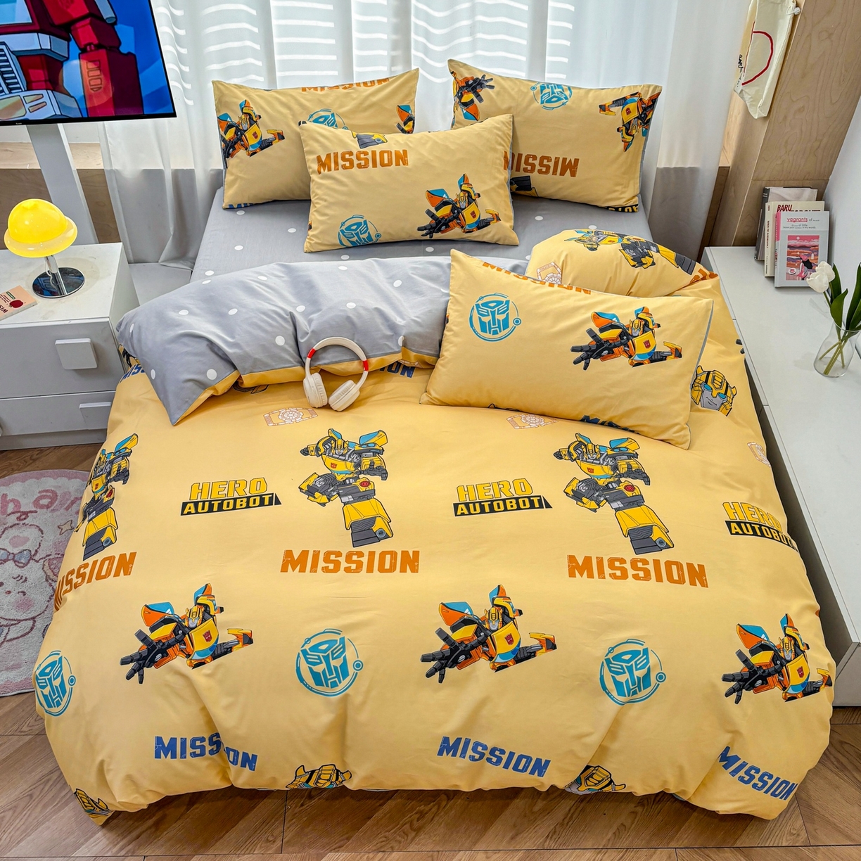 91家纺网 家纺一手货源 找家纺 孩子王家纺 2026新款卡通全棉纯棉正版授权大版变形金刚四件套 黄蜂伙伴