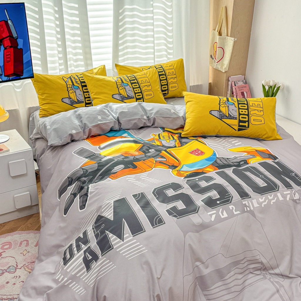 91家纺网 家纺一手货源 找家纺 孩子王家纺 2026新款卡通全棉纯棉正版授权大版变形金刚四件套 超能大黄蜂