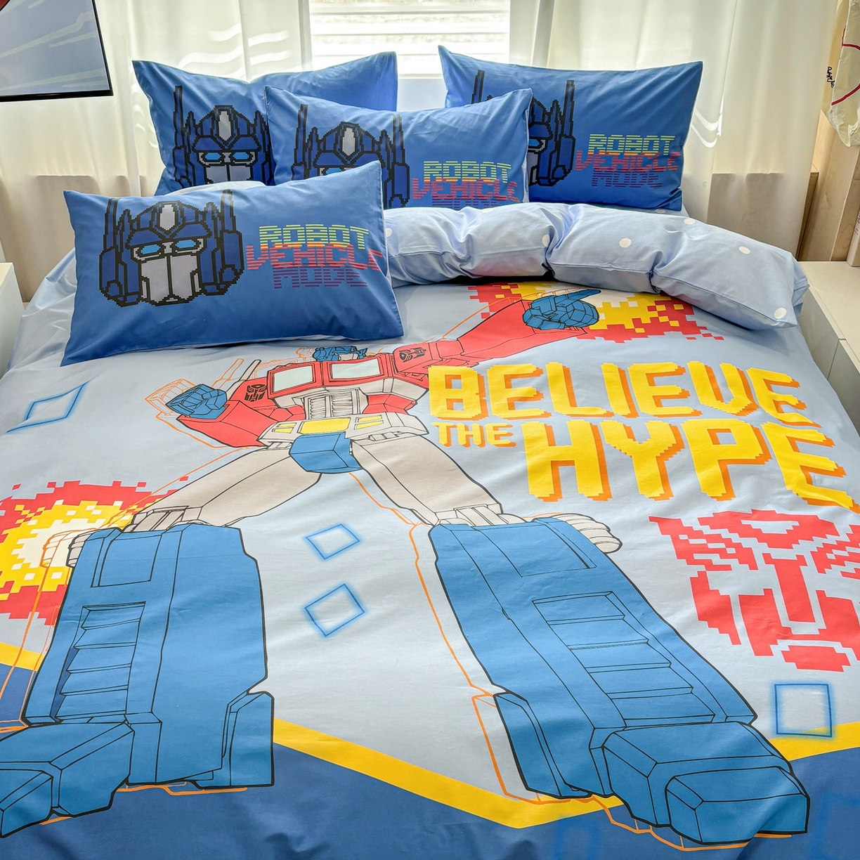 91家纺网 家纺一手货源 找家纺 孩子王家纺 2026新款卡通全棉纯棉正版授权大版变形金刚四件套 机甲擎天柱