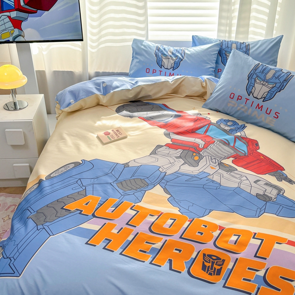 91家纺网 家纺一手货源 找家纺 孩子王家纺 2026新款卡通全棉纯棉正版授权大版变形金刚四件套 极速冲锋战士