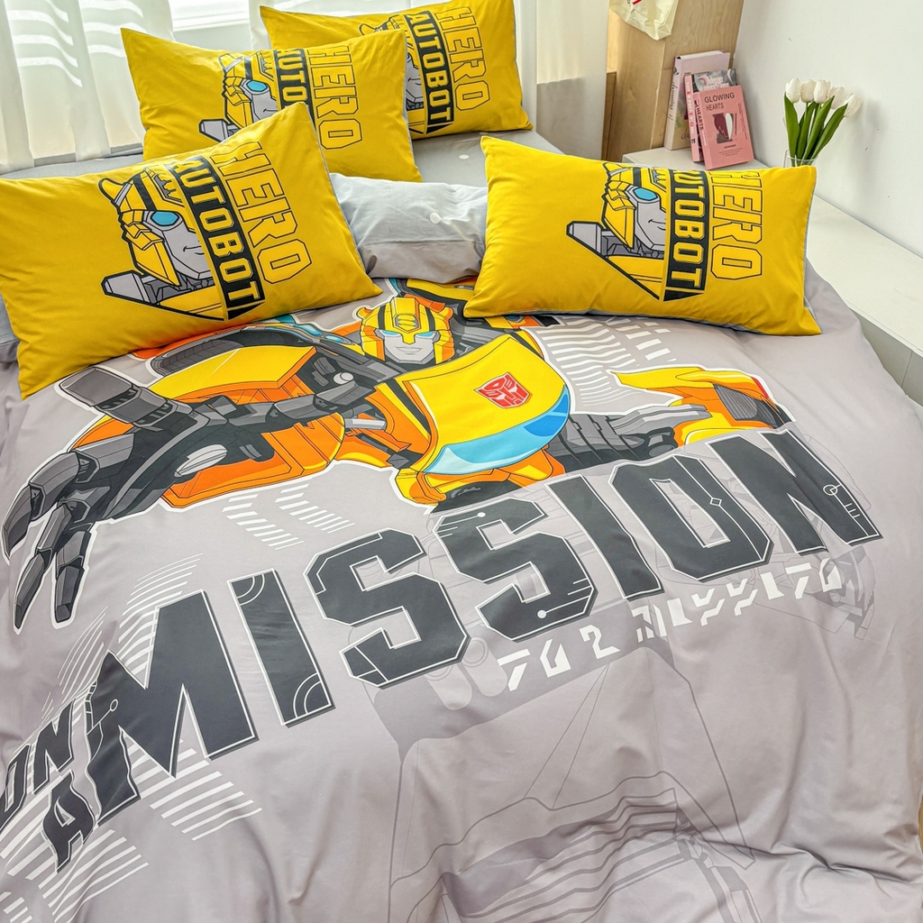 91家纺网 家纺一手货源 找家纺 孩子王家纺 2026新款卡通全棉纯棉正版授权大版变形金刚四件套 超能大黄蜂