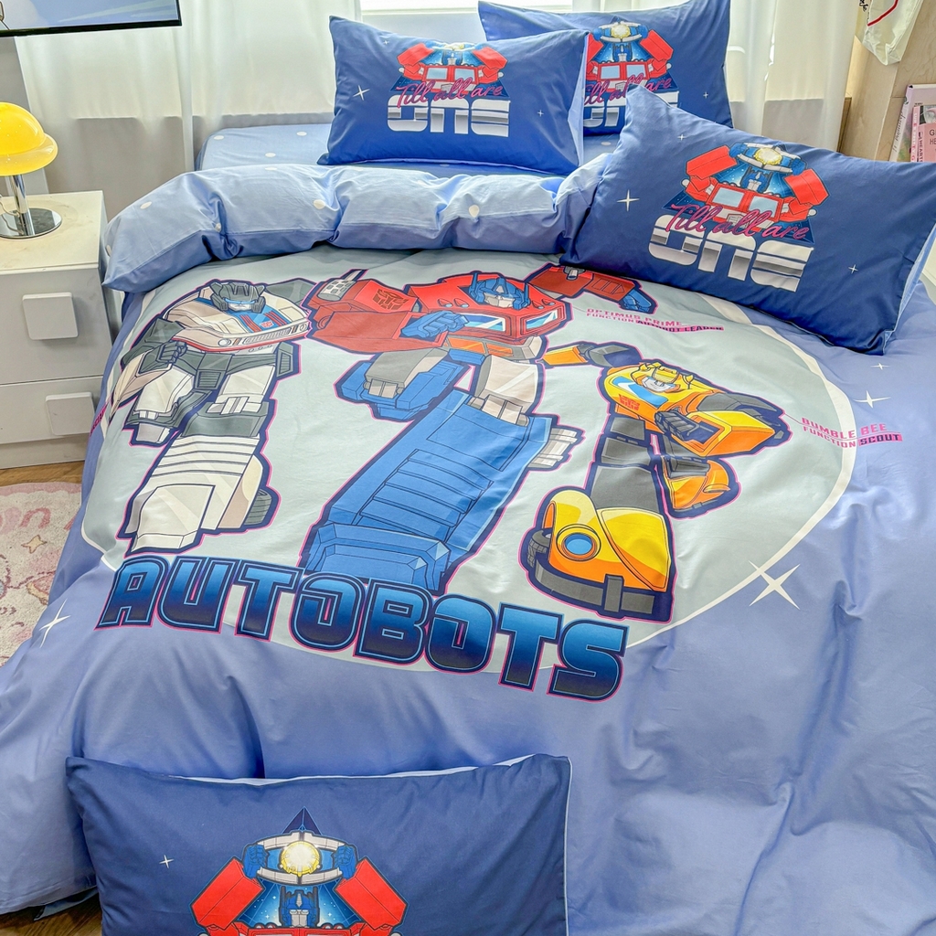 91家纺网 家纺一手货源 找家纺 孩子王家纺 2026新款卡通全棉纯棉正版授权大版变形金刚四件套 三剑客战士