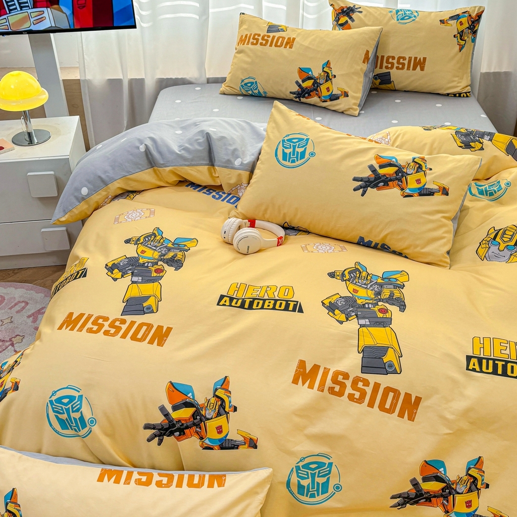 91家纺网 家纺一手货源 找家纺 孩子王家纺 2026新款卡通全棉纯棉正版授权大版变形金刚四件套 黄蜂伙伴