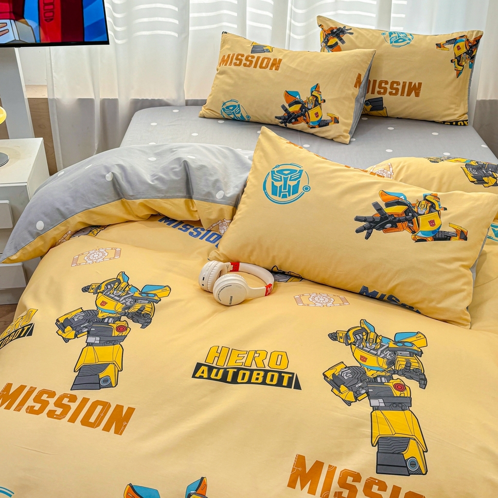 91家纺网 家纺一手货源 找家纺 孩子王家纺 2026新款卡通全棉纯棉正版授权大版变形金刚四件套 黄蜂伙伴