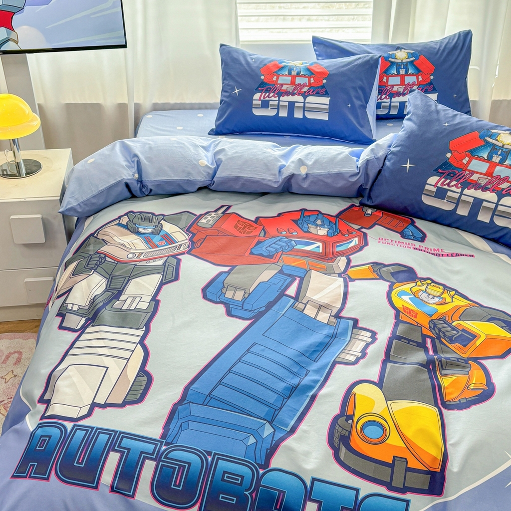 91家纺网 家纺一手货源 找家纺 孩子王家纺 2026新款卡通全棉纯棉正版授权大版变形金刚四件套 三剑客战士