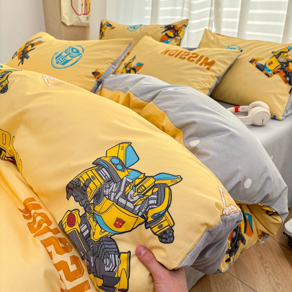 91家纺网 家纺一手货源 找家纺 孩子王家纺 2026新款卡通全棉纯棉正版授权大版变形金刚四件套 黄蜂伙伴