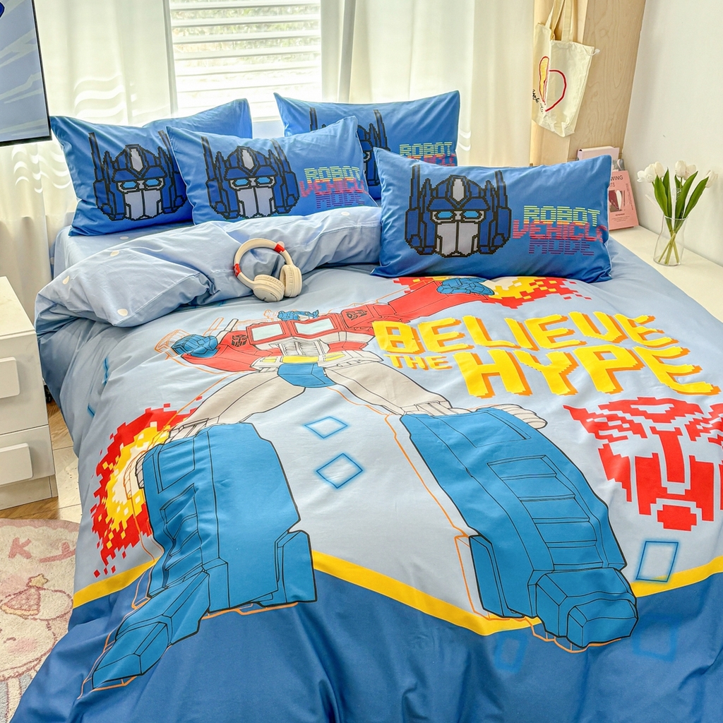 91家纺网 家纺一手货源 找家纺 孩子王家纺 2026新款卡通全棉纯棉正版授权大版变形金刚四件套 机甲擎天柱