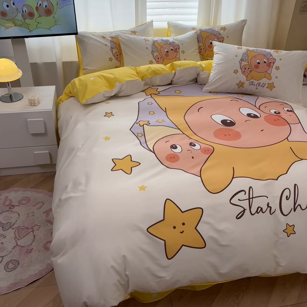 91家纺网 家纺一手货源 找家纺 孩子王家纺 2026新款卡通亲肤全棉纯棉大版星星人系列四件套 星星糯米团