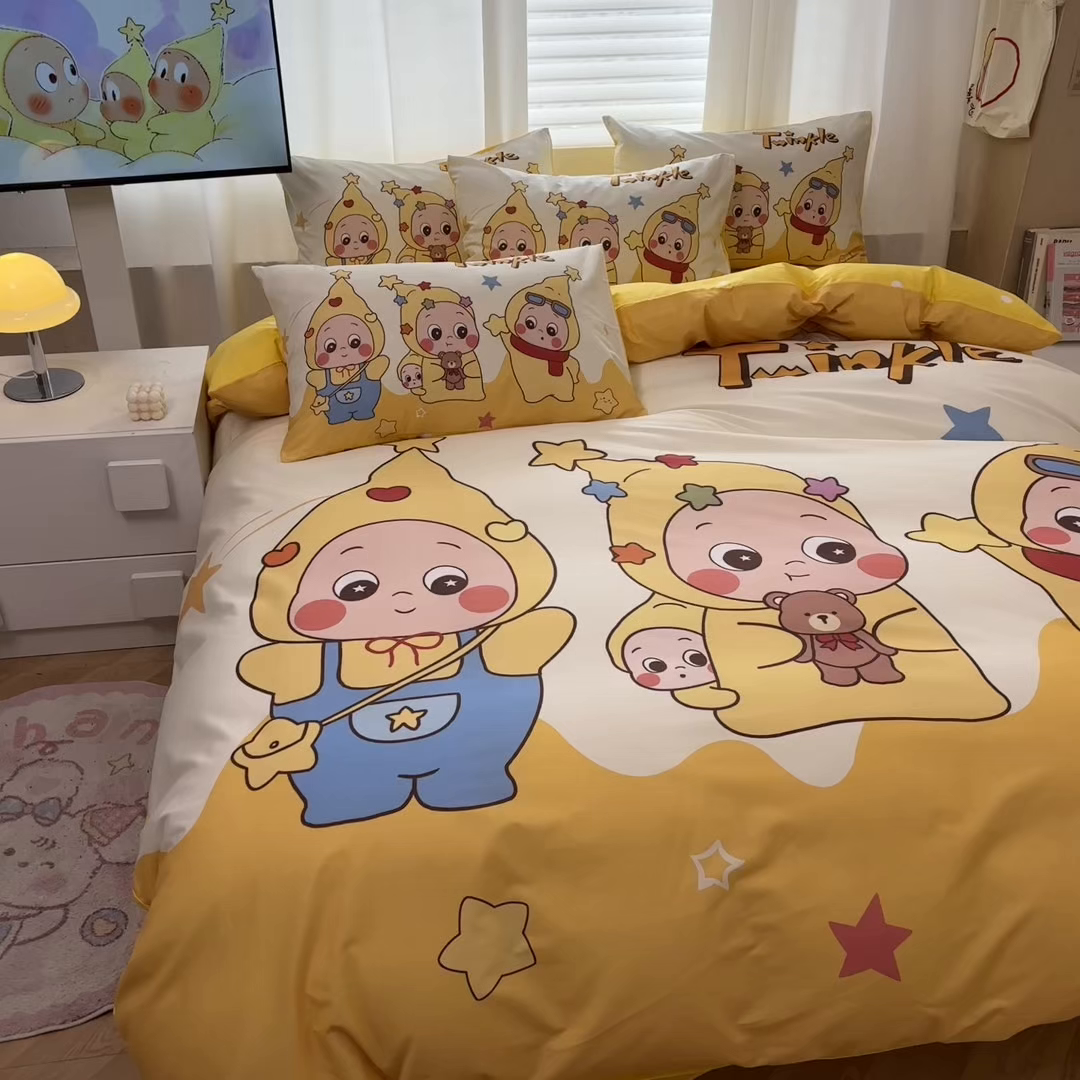 91家纺网 家纺一手货源 找家纺 孩子王家纺 2026新款卡通亲肤全棉纯棉大版星星人系列四件套 星星小纵队