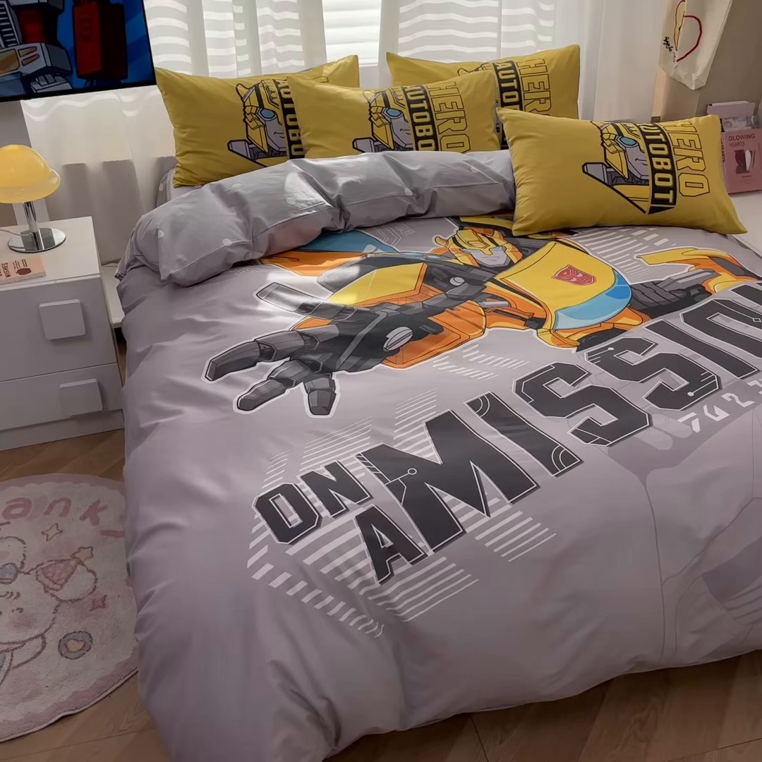 91家纺网 家纺一手货源 找家纺 孩子王家纺 2026新款卡通全棉纯棉正版授权大版变形金刚四件套 超能大黄蜂