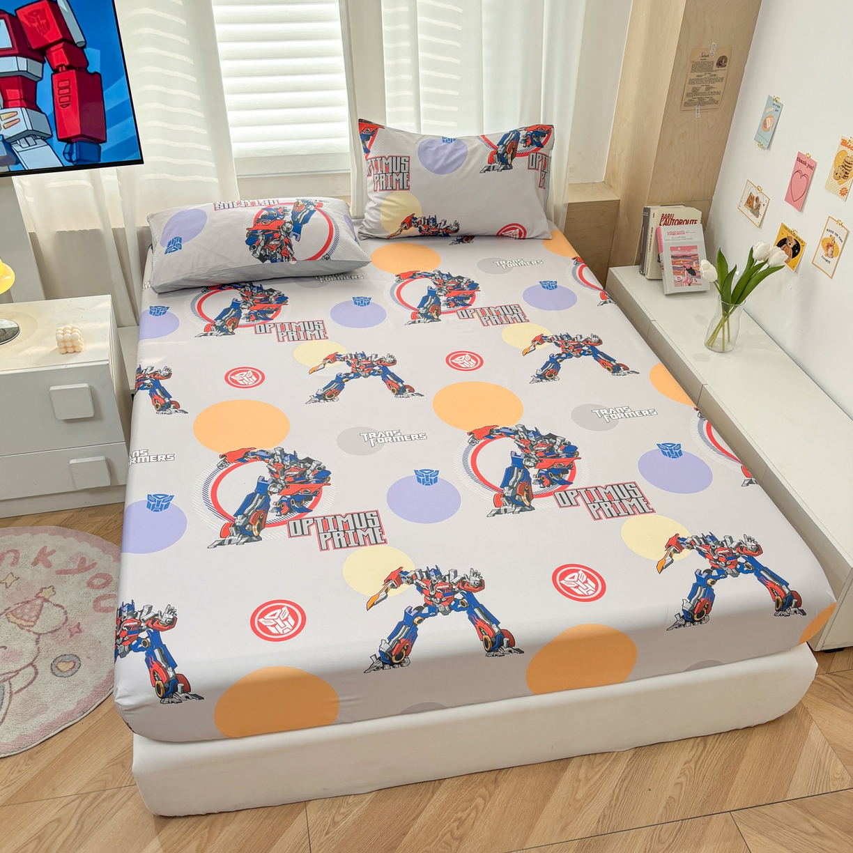 91家纺网 家纺一手货源 找家纺 孩子王家纺 2026新款卡通全棉纯棉正版授权大版变形金刚单床笠床笠单件 变形机甲