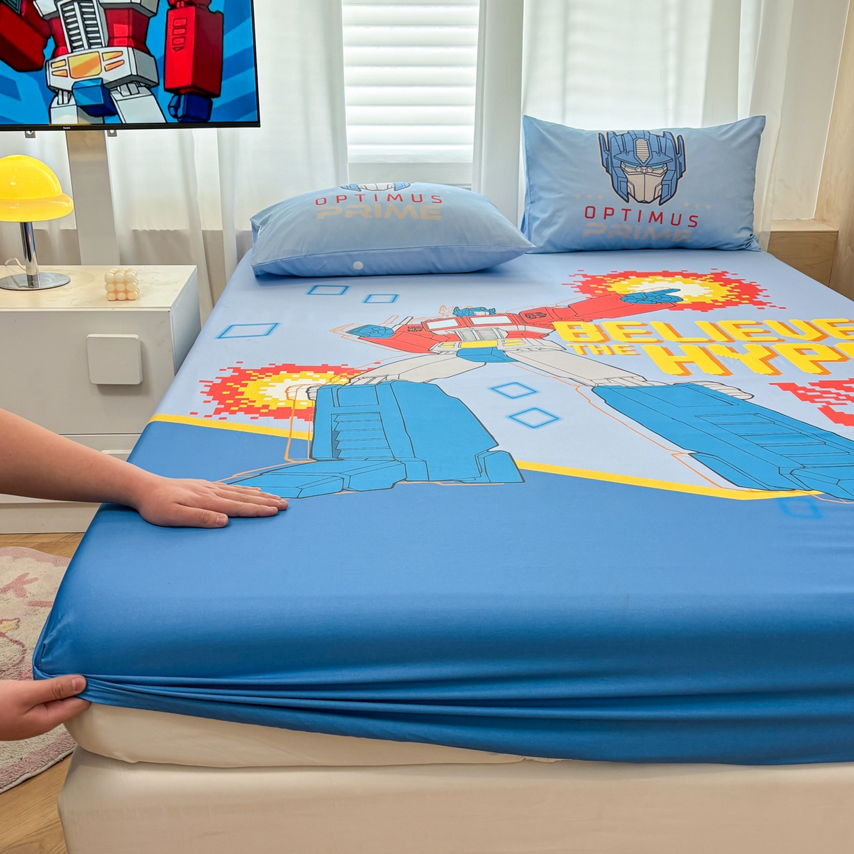91家纺网 家纺一手货源 找家纺 孩子王家纺 2026新款卡通全棉纯棉正版授权大版变形金刚单床笠床笠单件 机甲擎天柱