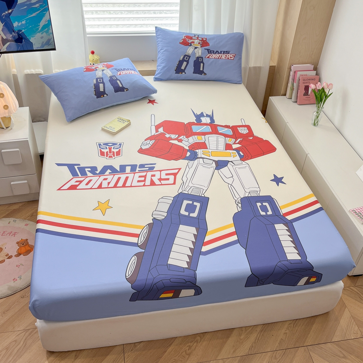 91家纺网 家纺一手货源 找家纺 孩子王家纺 2026新款卡通全棉纯棉正版授权大版变形金刚单床笠床笠单件 超能勇士