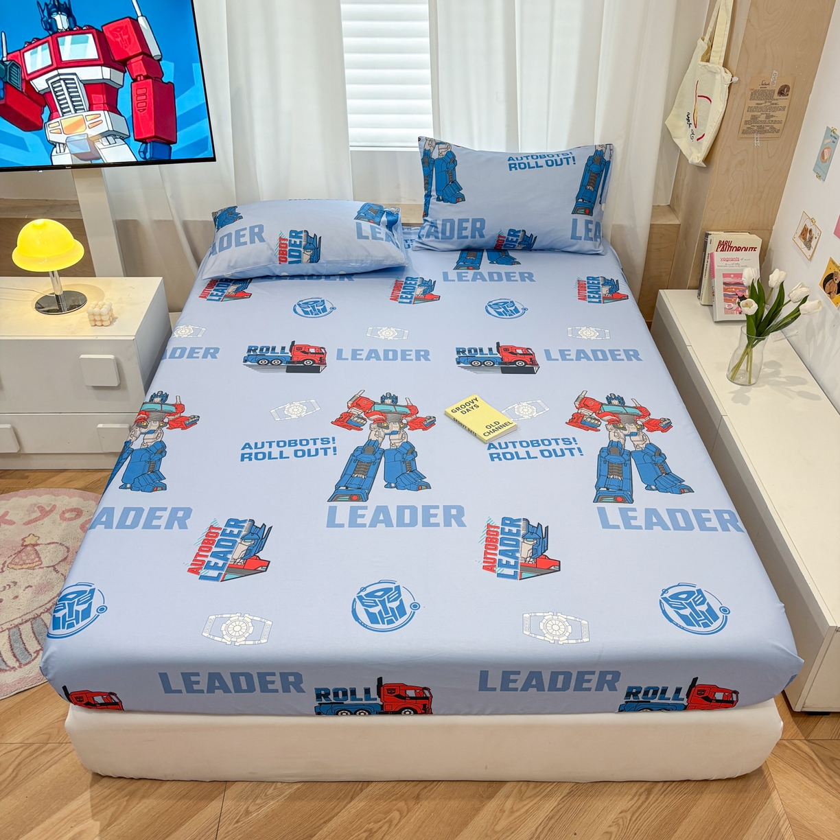 91家纺网 家纺一手货源 找家纺 孩子王家纺 2026新款卡通全棉纯棉正版授权大版变形金刚单床笠床笠单件 领袖擎天柱