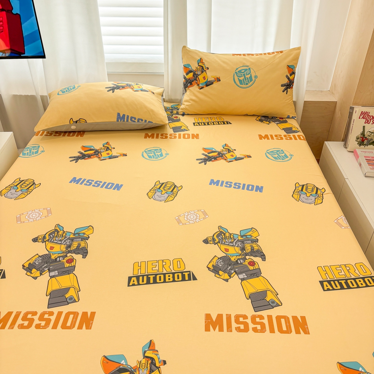 91家纺网 家纺一手货源 找家纺 孩子王家纺 2026新款卡通全棉纯棉正版授权大版变形金刚单床笠床笠单件 黄蜂伙伴