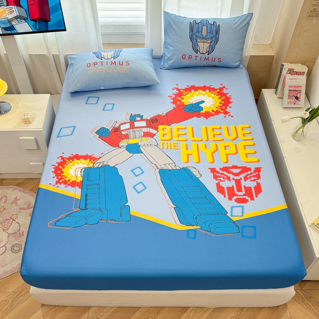 91家纺网 家纺一手货源 找家纺 孩子王家纺 2026新款卡通全棉纯棉正版授权大版变形金刚单床笠床笠单件 机甲擎天柱