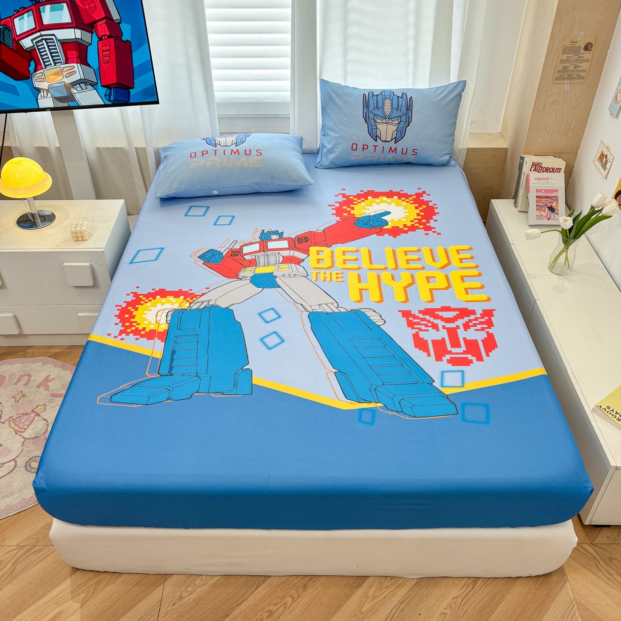 91家纺网 家纺一手货源 找家纺 孩子王家纺 2026新款卡通全棉纯棉正版授权大版变形金刚单床笠床笠单件 机甲擎天柱