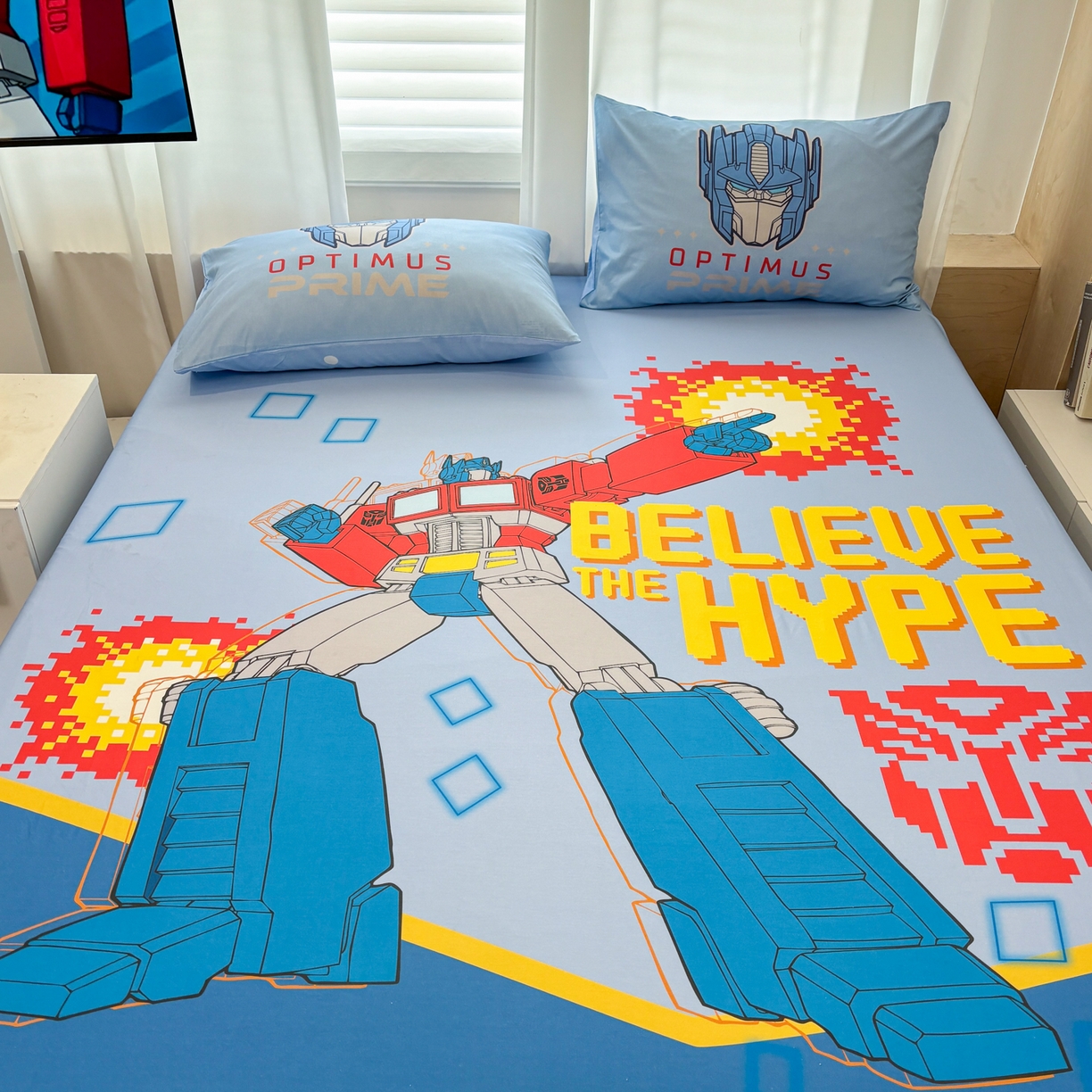 91家纺网 家纺一手货源 找家纺 孩子王家纺 2026新款卡通全棉纯棉正版授权大版变形金刚单床笠床笠单件 机甲擎天柱