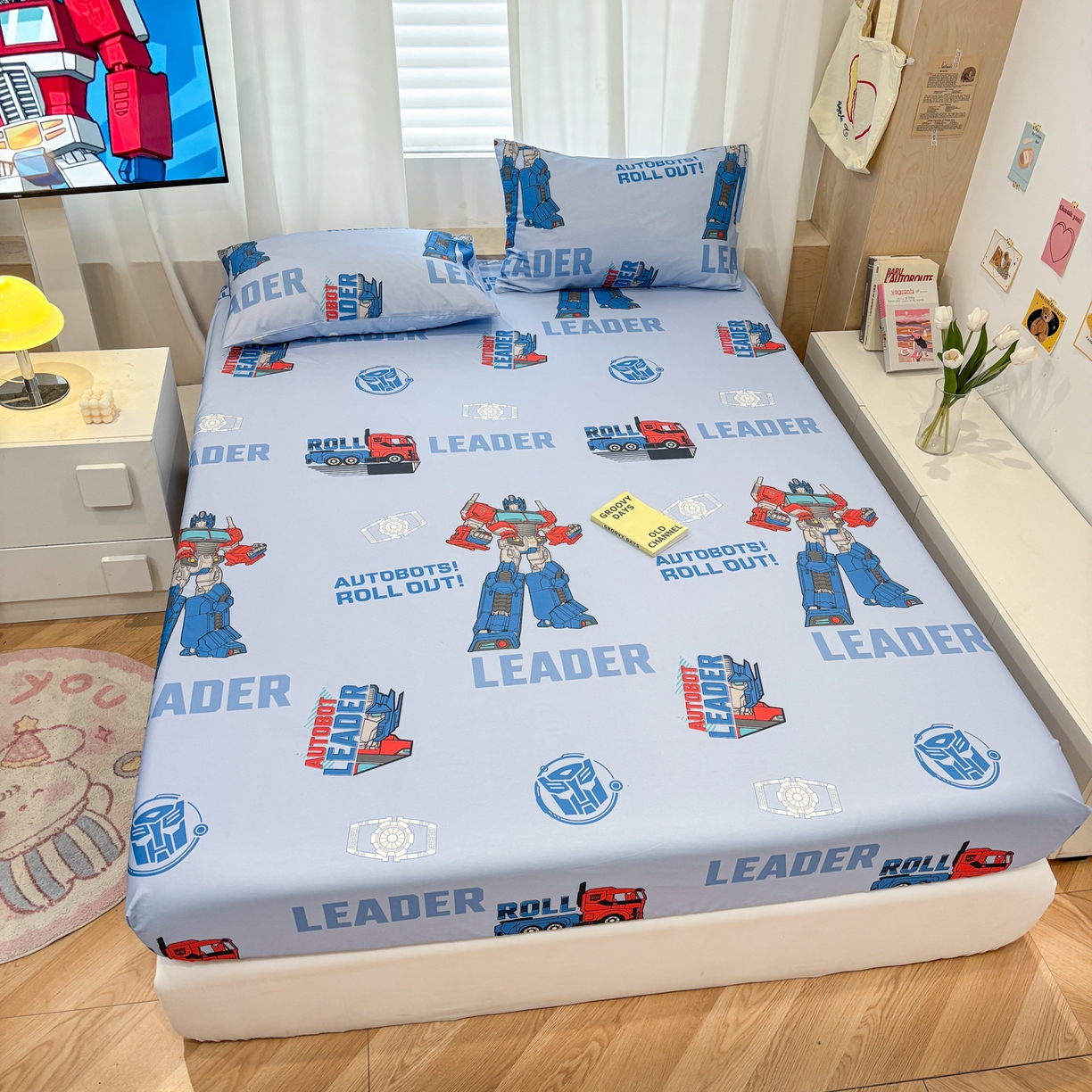 91家纺网 家纺一手货源 找家纺 孩子王家纺 2026新款卡通全棉纯棉正版授权大版变形金刚单床笠床笠单件 领袖擎天柱