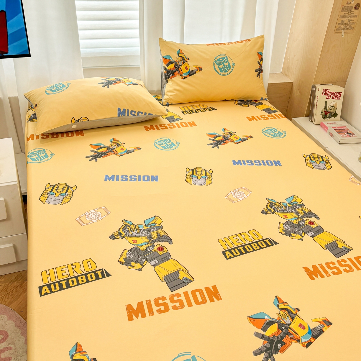 91家纺网 家纺一手货源 找家纺 孩子王家纺 2026新款卡通全棉纯棉正版授权大版变形金刚单床笠床笠单件 黄蜂伙伴