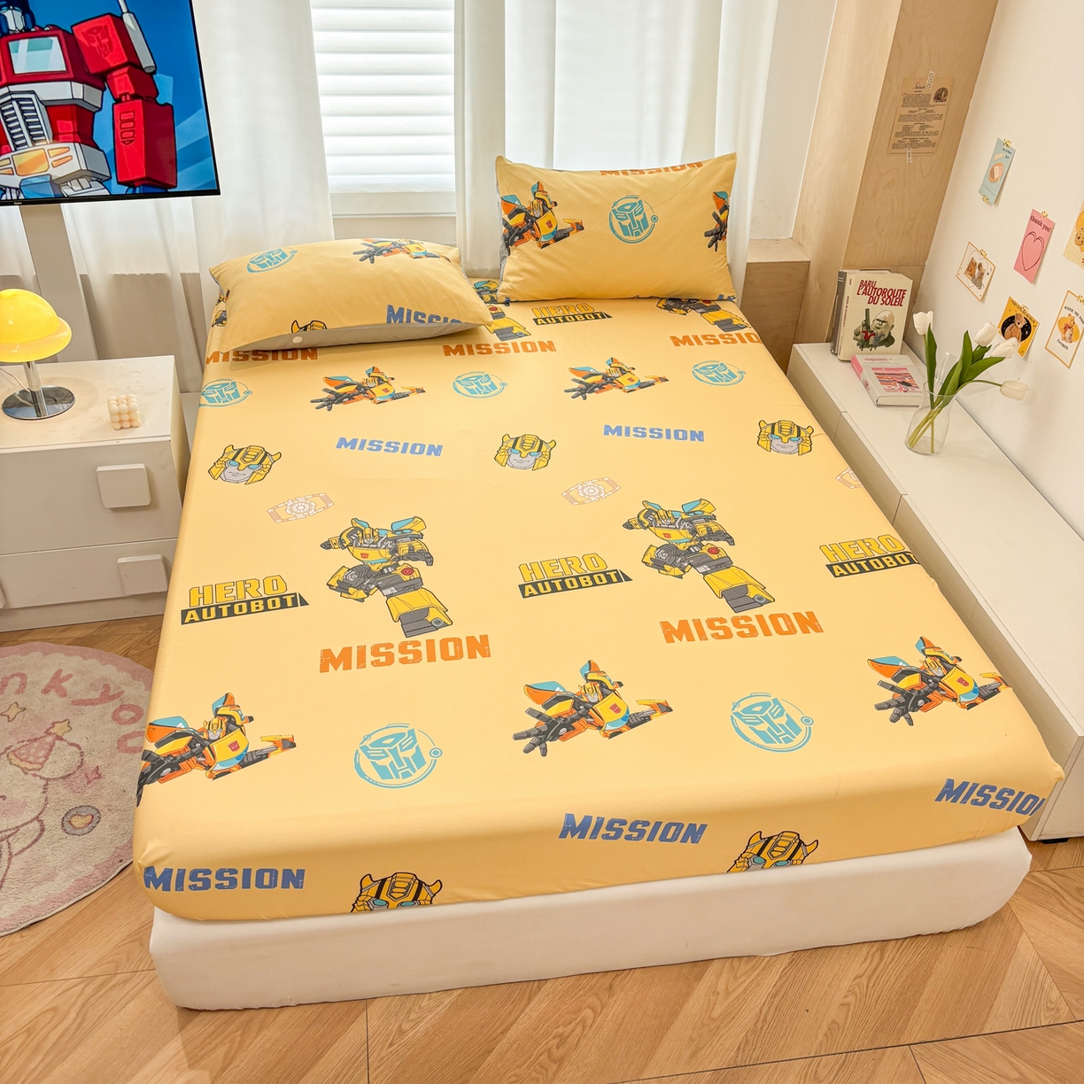 91家纺网 家纺一手货源 找家纺 孩子王家纺 2026新款卡通全棉纯棉正版授权大版变形金刚单床笠床笠单件 黄蜂伙伴