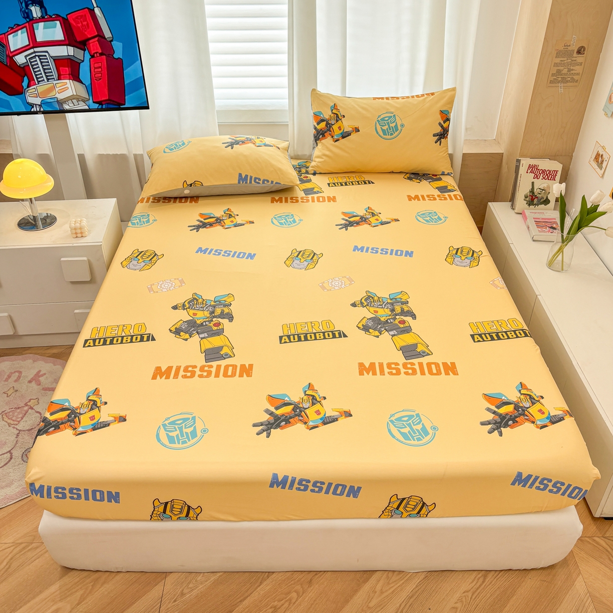 91家纺网 家纺一手货源 找家纺 孩子王家纺 2026新款卡通全棉纯棉正版授权大版变形金刚单床笠床笠单件 黄蜂伙伴