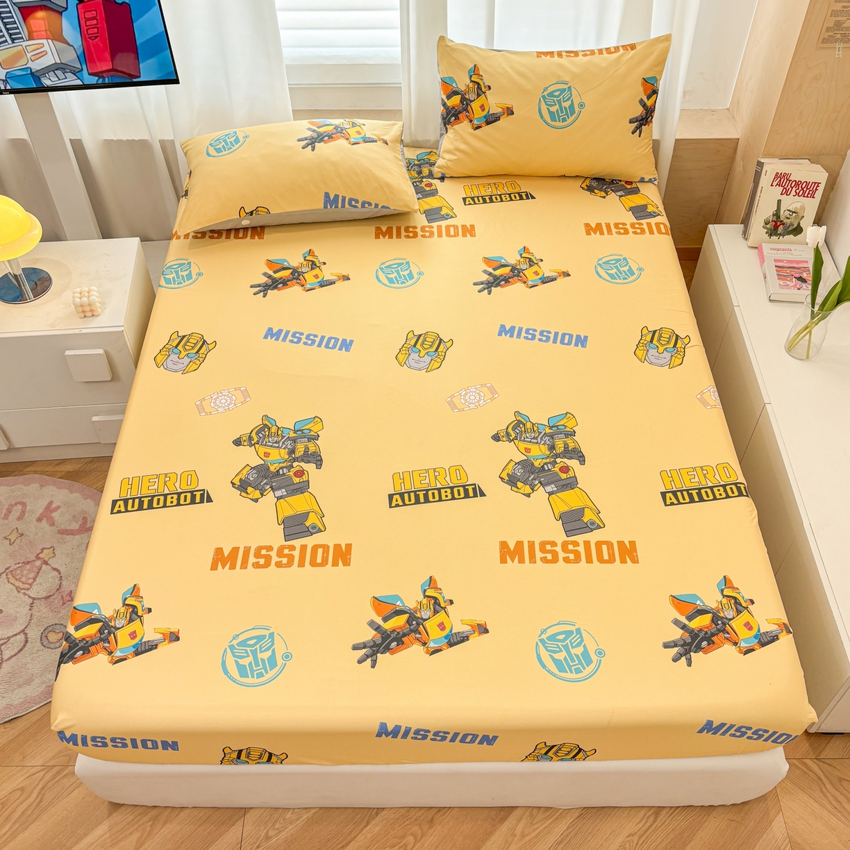 91家纺网 家纺一手货源 找家纺 孩子王家纺 2026新款卡通全棉纯棉正版授权大版变形金刚单床笠床笠单件 黄蜂伙伴