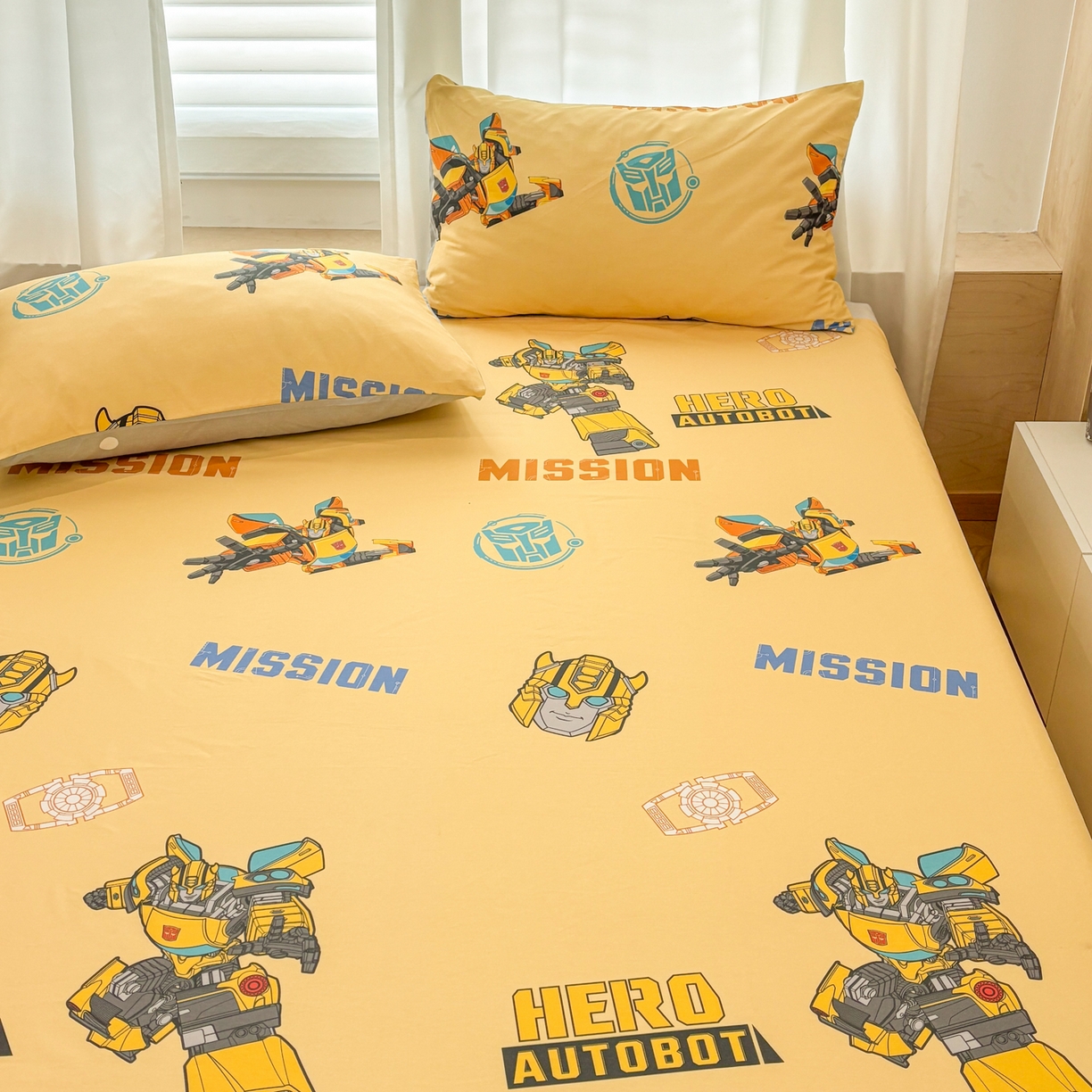 91家纺网 家纺一手货源 找家纺 孩子王家纺 2026新款卡通全棉纯棉正版授权大版变形金刚单床单床单单件 黄蜂伙伴