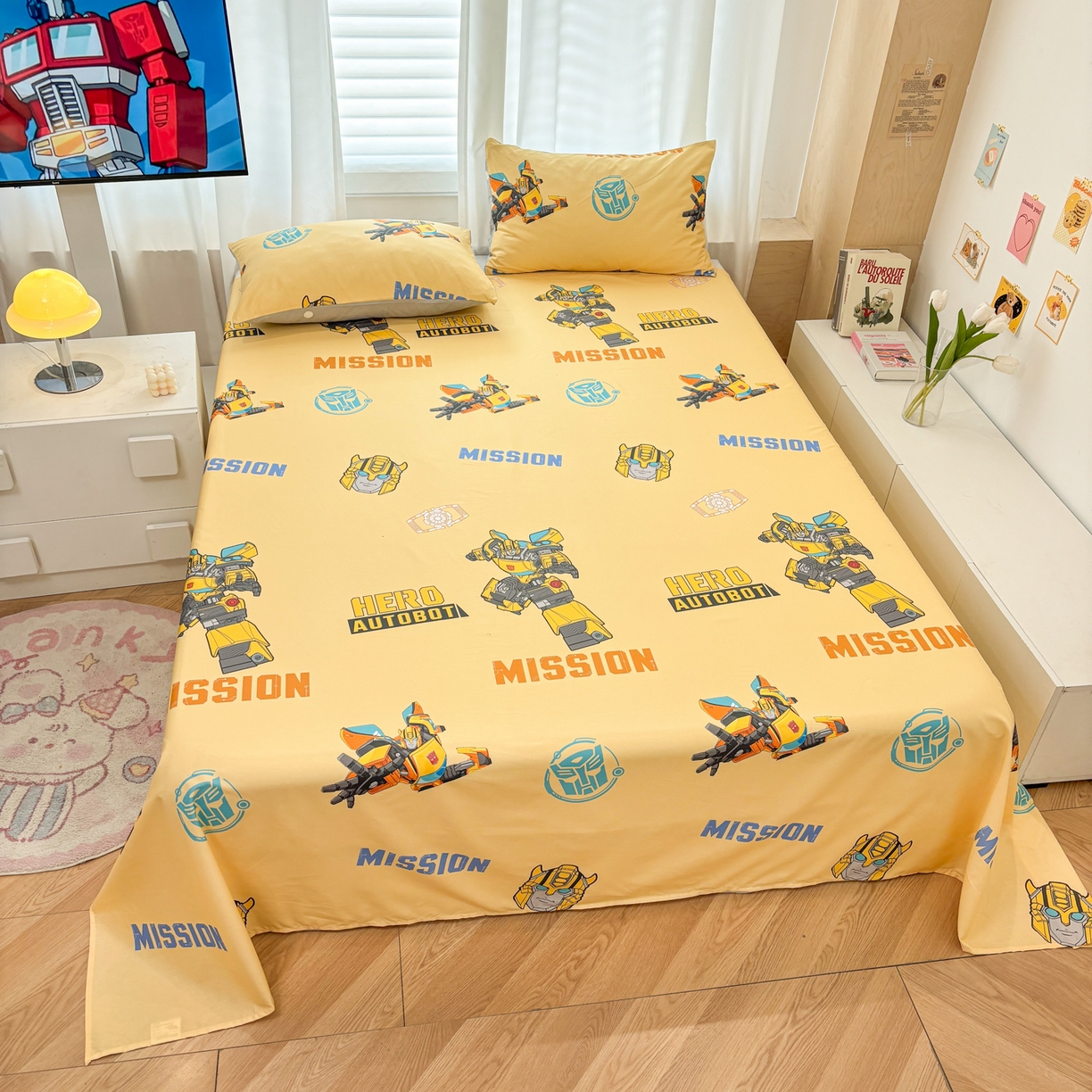 91家纺网 家纺一手货源 找家纺 孩子王家纺 2026新款卡通全棉纯棉正版授权大版变形金刚单床单床单单件 黄蜂伙伴