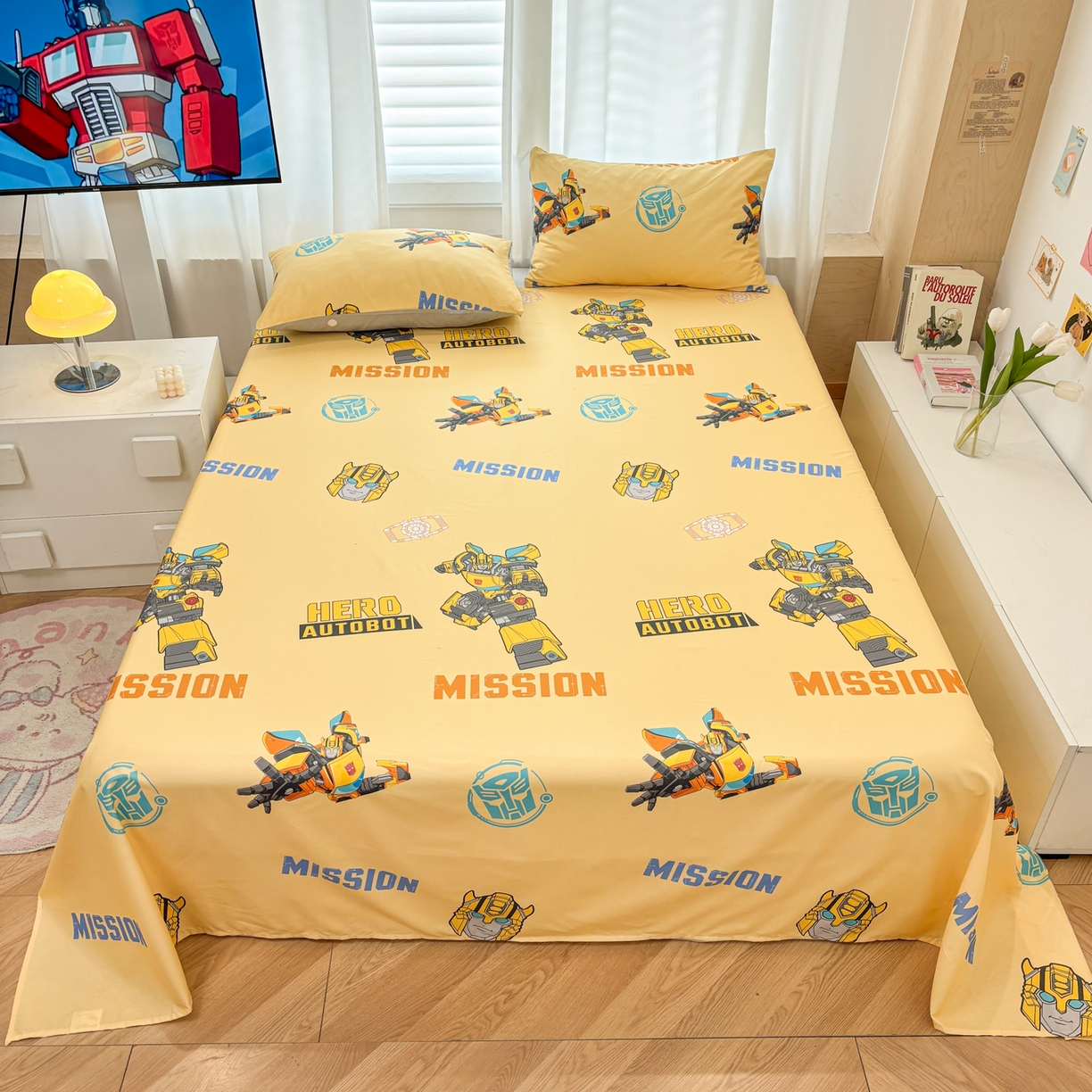 孩子王家纺 2026新款卡通全棉纯棉正版授权大版变形金刚单床单床单单件 黄蜂伙伴