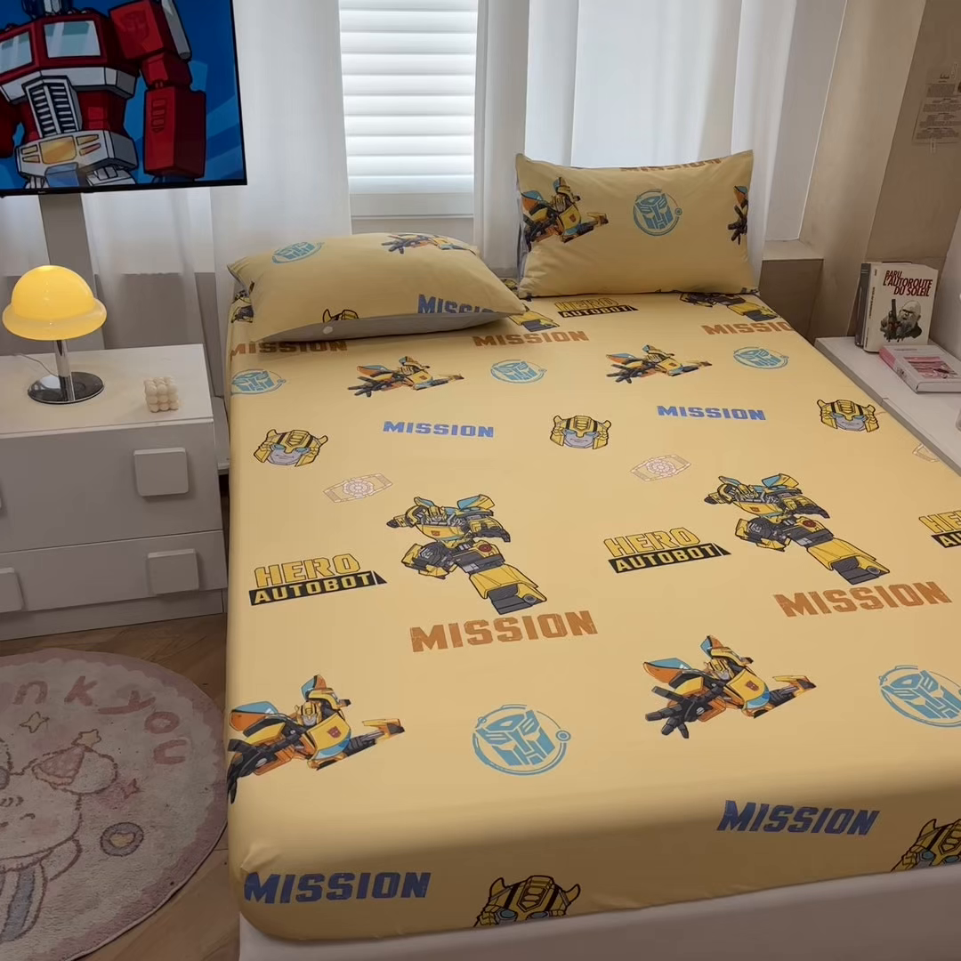 91家纺网 家纺一手货源 找家纺 孩子王家纺 2026新款卡通全棉纯棉正版授权大版变形金刚单床笠床笠单件 黄蜂伙伴