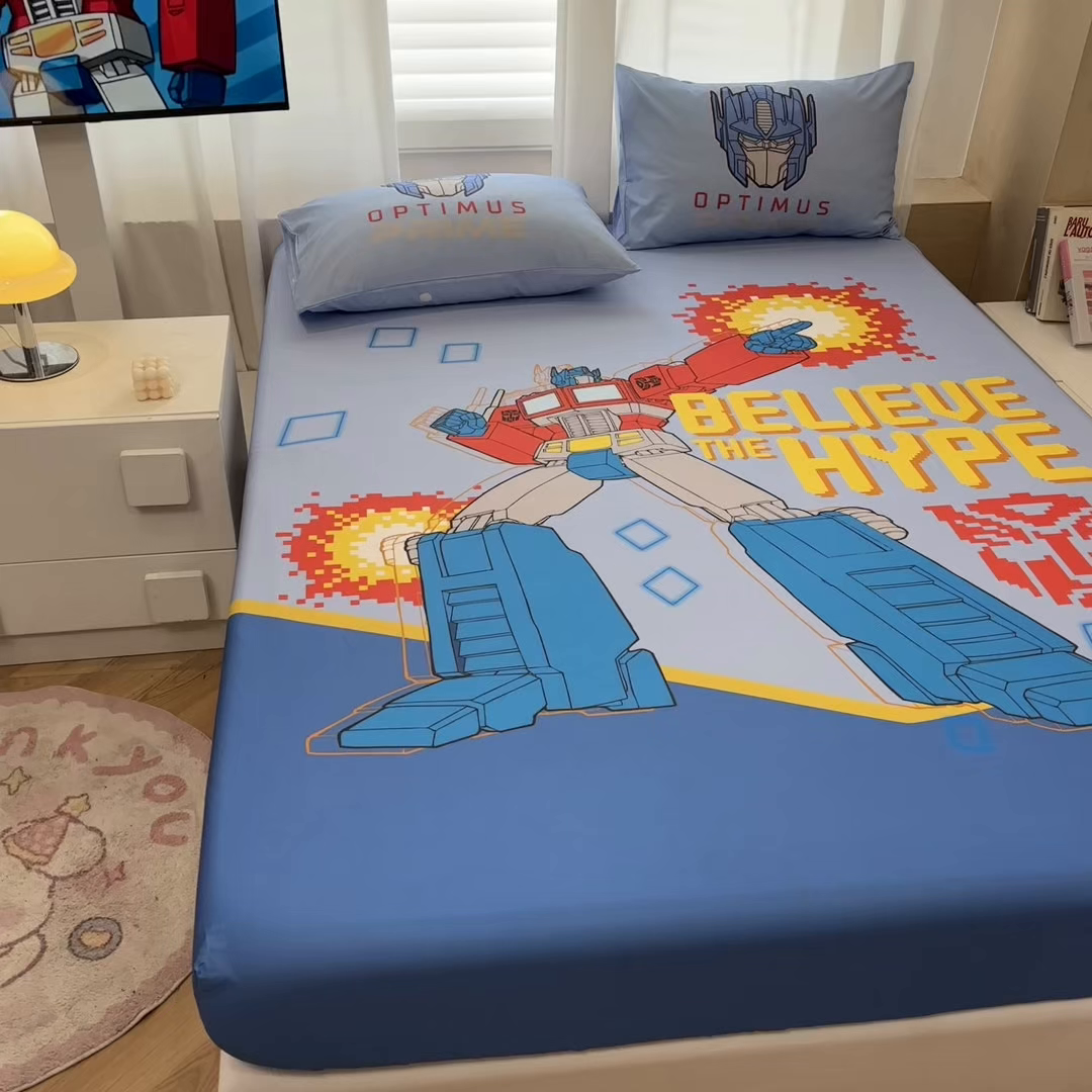 91家纺网 家纺一手货源 找家纺 孩子王家纺 2026新款卡通全棉纯棉正版授权大版变形金刚单床笠床笠单件 机甲擎天柱