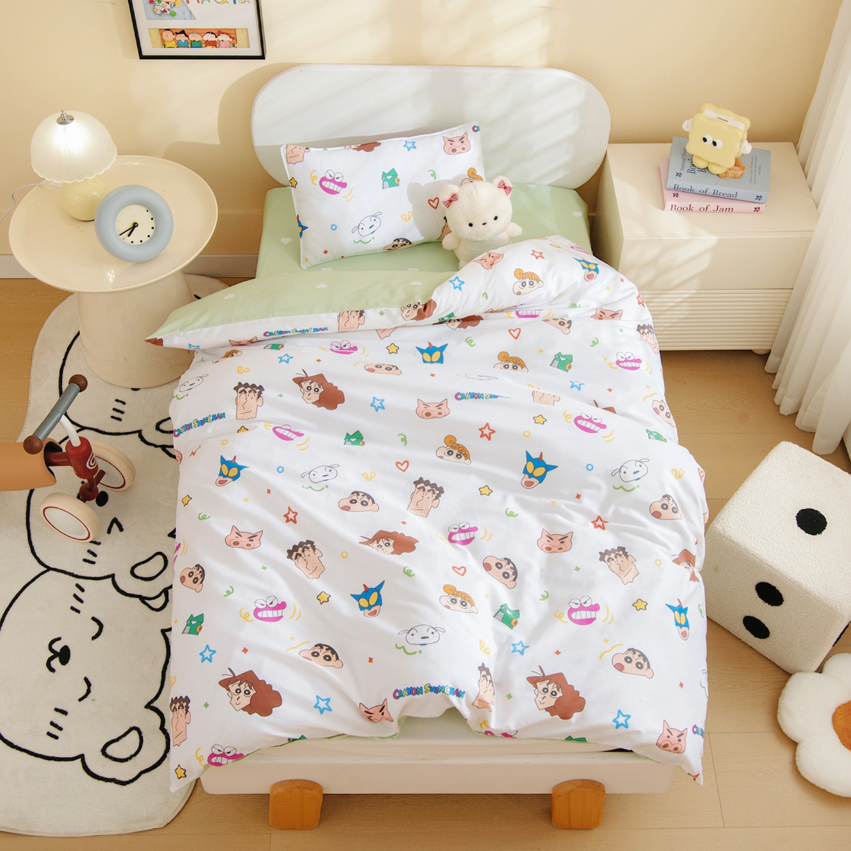 91家纺网 家纺一手货源 找家纺 孩子王家纺 2026新款卡通全棉纯棉正版授权蜡笔小新幼儿园套件三件套六件套多件套 温馨小新