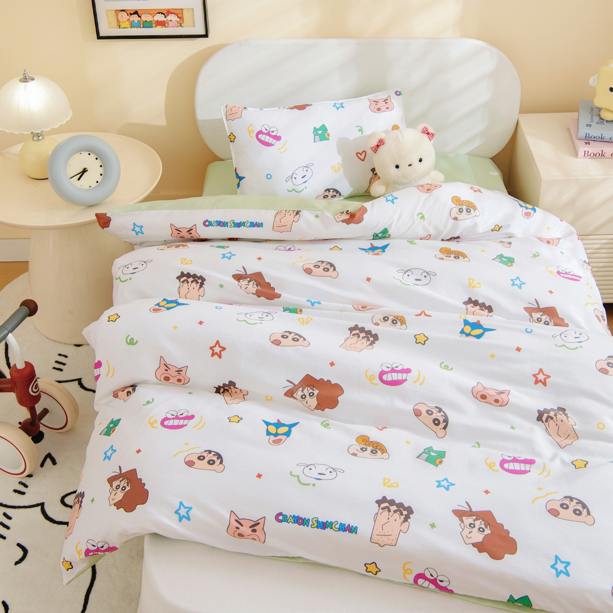 91家纺网 家纺一手货源 找家纺 孩子王家纺 2026新款卡通全棉纯棉正版授权蜡笔小新幼儿园套件三件套六件套多件套 温馨小新