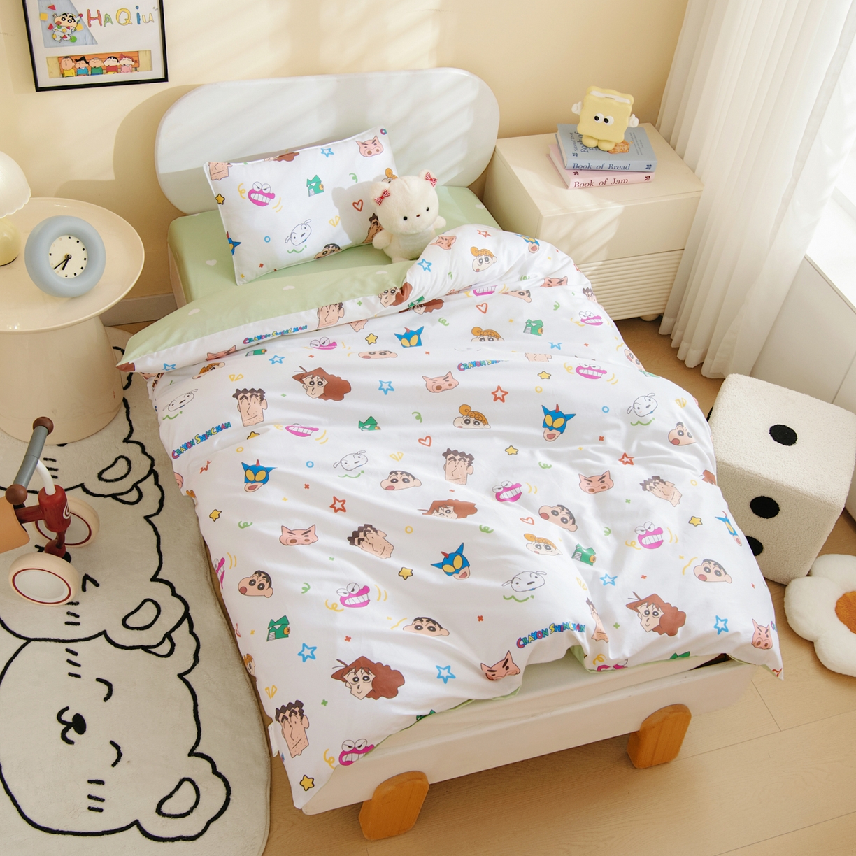 91家纺网 家纺一手货源 找家纺 孩子王家纺 2026新款卡通全棉纯棉正版授权蜡笔小新幼儿园套件三件套六件套多件套 温馨小新