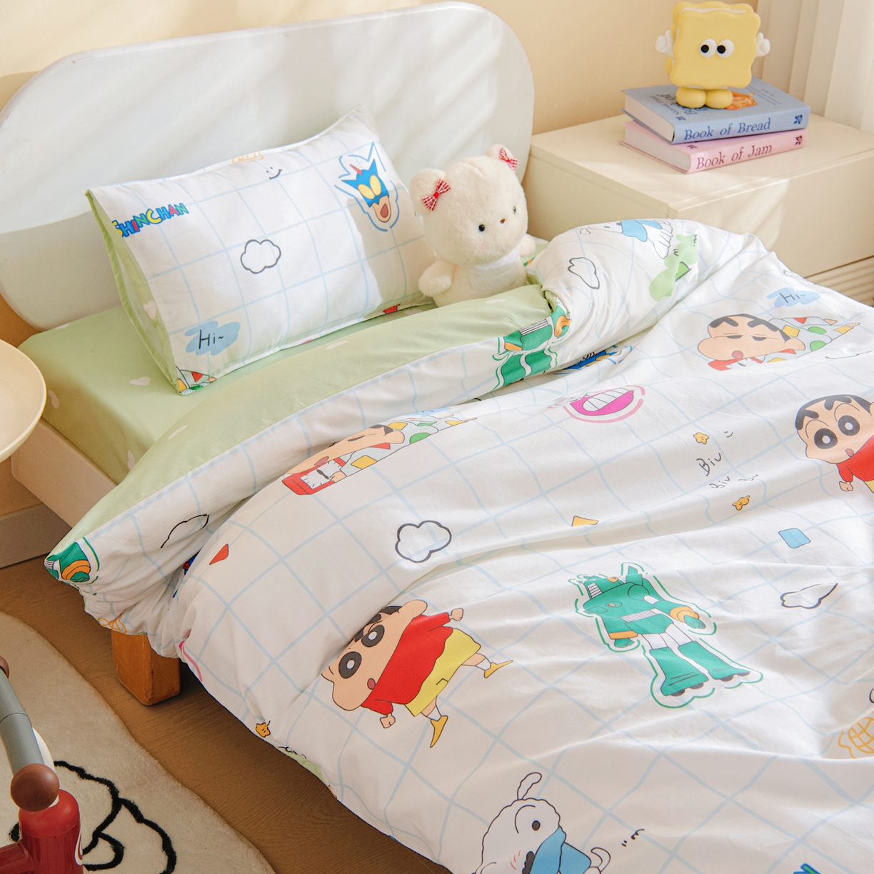 91家纺网 家纺一手货源 找家纺 孩子王家纺 2026新款卡通全棉纯棉正版授权蜡笔小新幼儿园套件三件套六件套多件套 动感小新