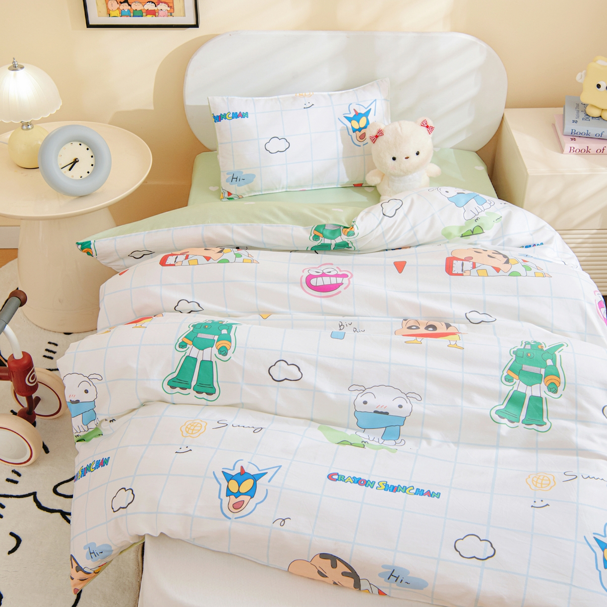 91家纺网 家纺一手货源 找家纺 孩子王家纺 2026新款卡通全棉纯棉正版授权蜡笔小新幼儿园套件三件套六件套多件套 动感小新