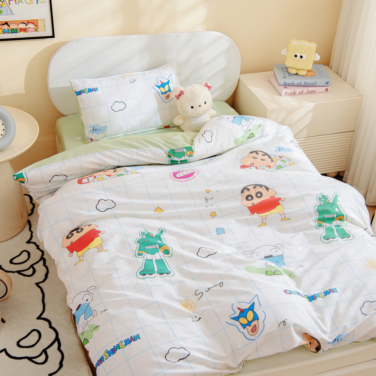 91家纺网 家纺一手货源 找家纺 孩子王家纺 2026新款卡通全棉纯棉正版授权蜡笔小新幼儿园套件三件套六件套多件套 动感小新