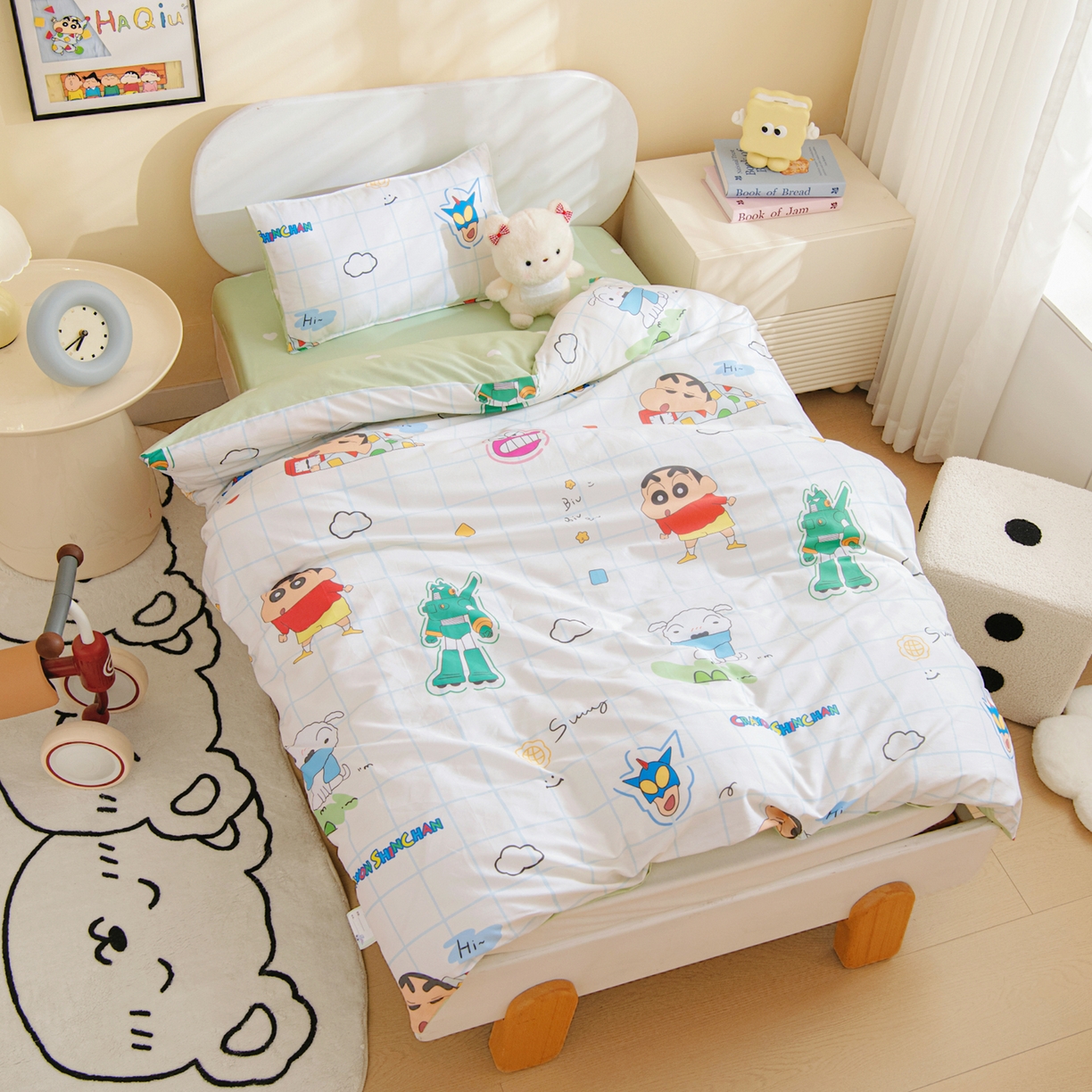 91家纺网 家纺一手货源 找家纺 孩子王家纺 2026新款卡通全棉纯棉正版授权蜡笔小新幼儿园套件三件套六件套多件套 动感小新