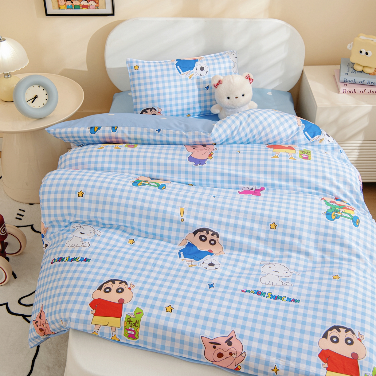 91家纺网 家纺一手货源 找家纺 孩子王家纺 2026新款卡通全棉纯棉正版授权蜡笔小新幼儿园套件三件套六件套多件套 蓝格小新乐园