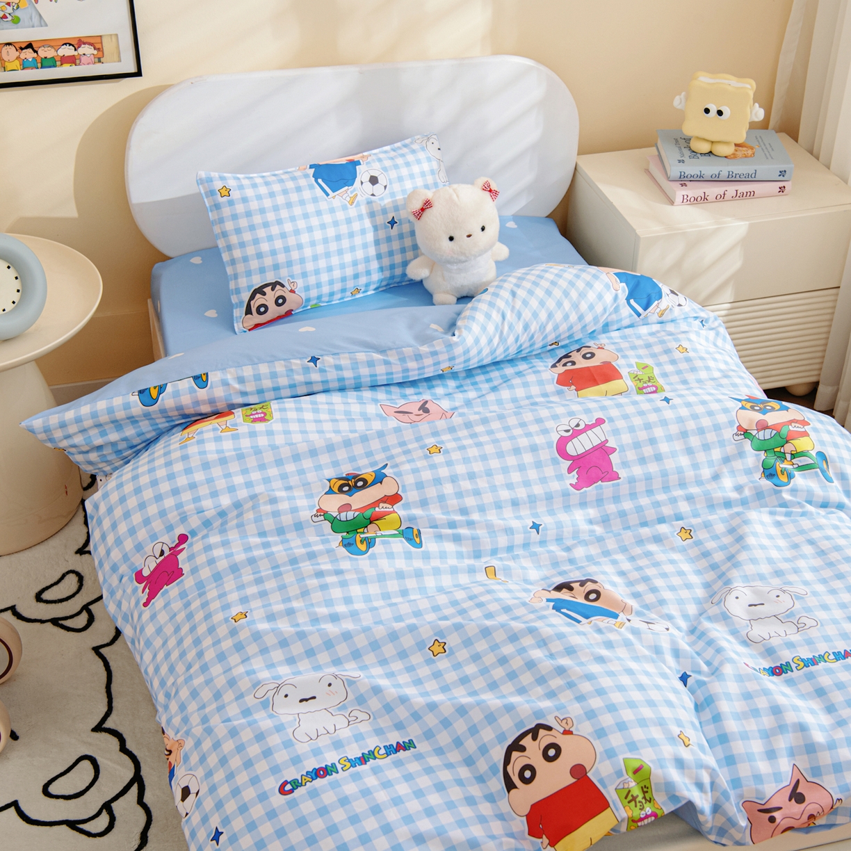 91家纺网 家纺一手货源 找家纺 孩子王家纺 2026新款卡通全棉纯棉正版授权蜡笔小新幼儿园套件三件套六件套多件套 蓝格小新乐园