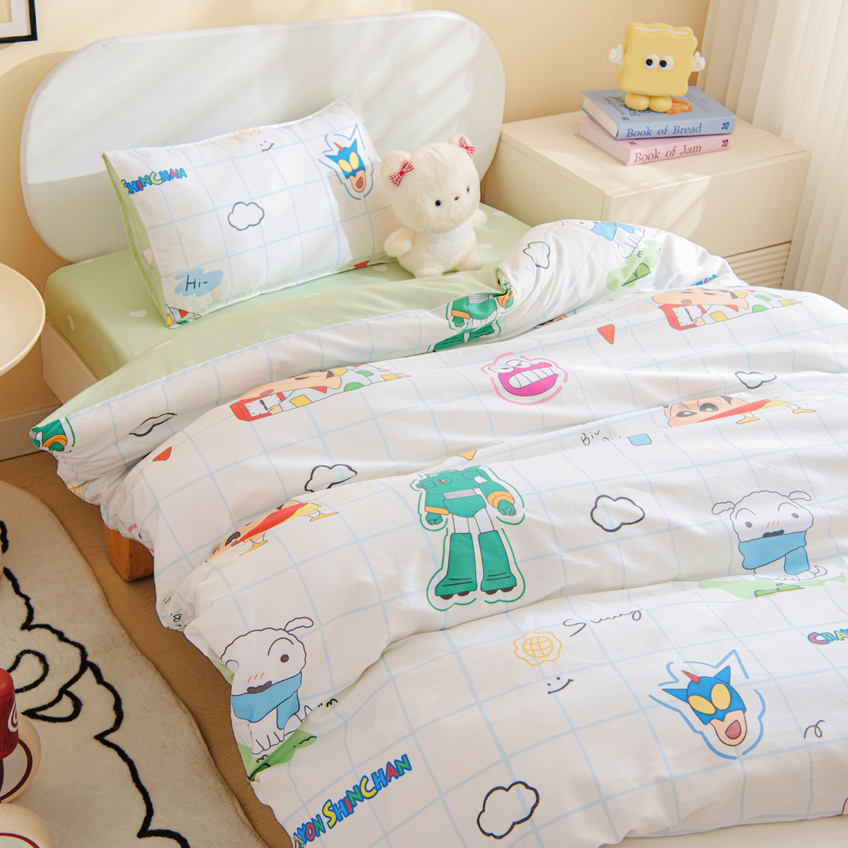 91家纺网 家纺一手货源 找家纺 孩子王家纺 2026新款卡通全棉纯棉正版授权蜡笔小新幼儿园套件三件套六件套多件套 动感小新