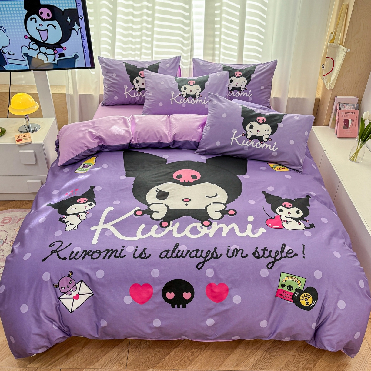 91家纺网 家纺一手货源 找家纺 孩子王家纺 2026新款卡通全棉纯棉正版授权大版三丽鸥系列四件套 圆点库洛米