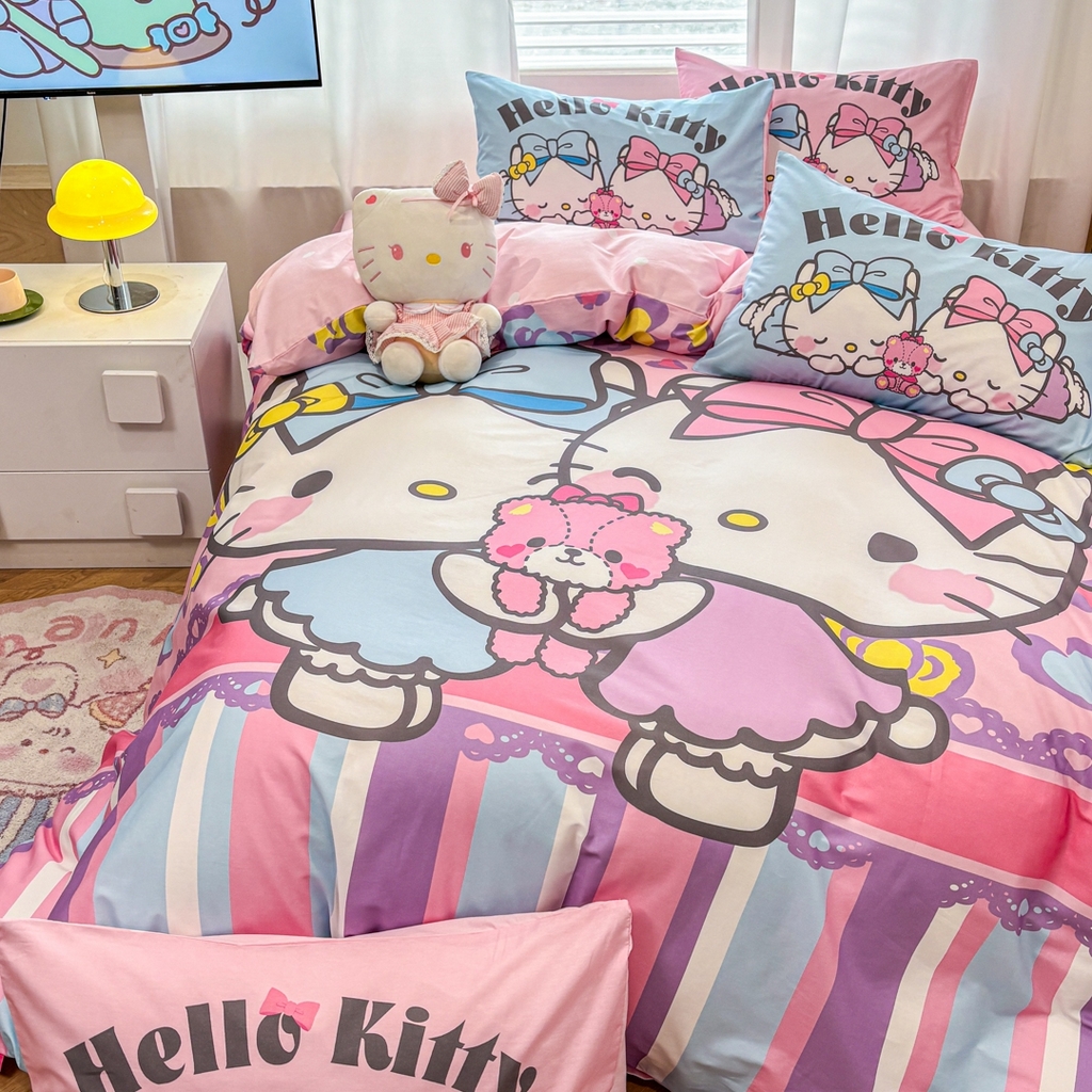 91家纺网 家纺一手货源 找家纺 孩子王家纺 2026新款卡通全棉纯棉正版授权大版三丽鸥系列四件套 kt双子星