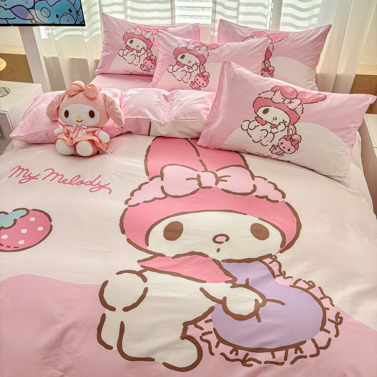 91家纺网 家纺一手货源 找家纺 孩子王家纺 2026新款卡通全棉纯棉正版授权大版三丽鸥系列四件套 草莓美乐蒂