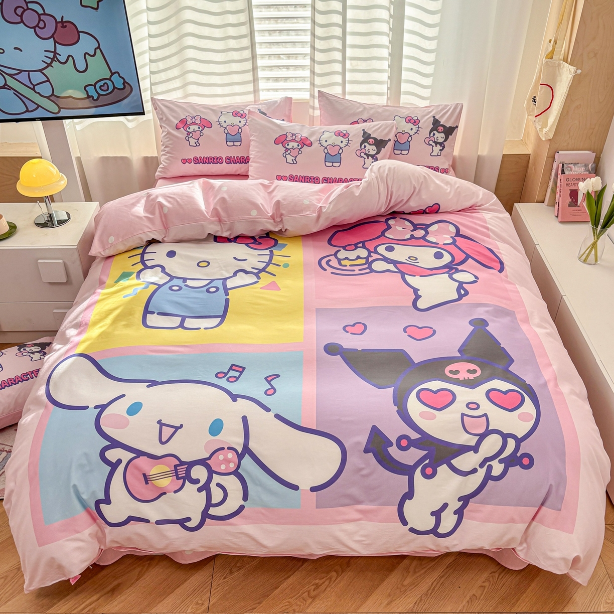 孩子王家纺 2026新款卡通全棉纯棉正版授权大版三丽鸥系列四件套 马卡龙三丽鸥